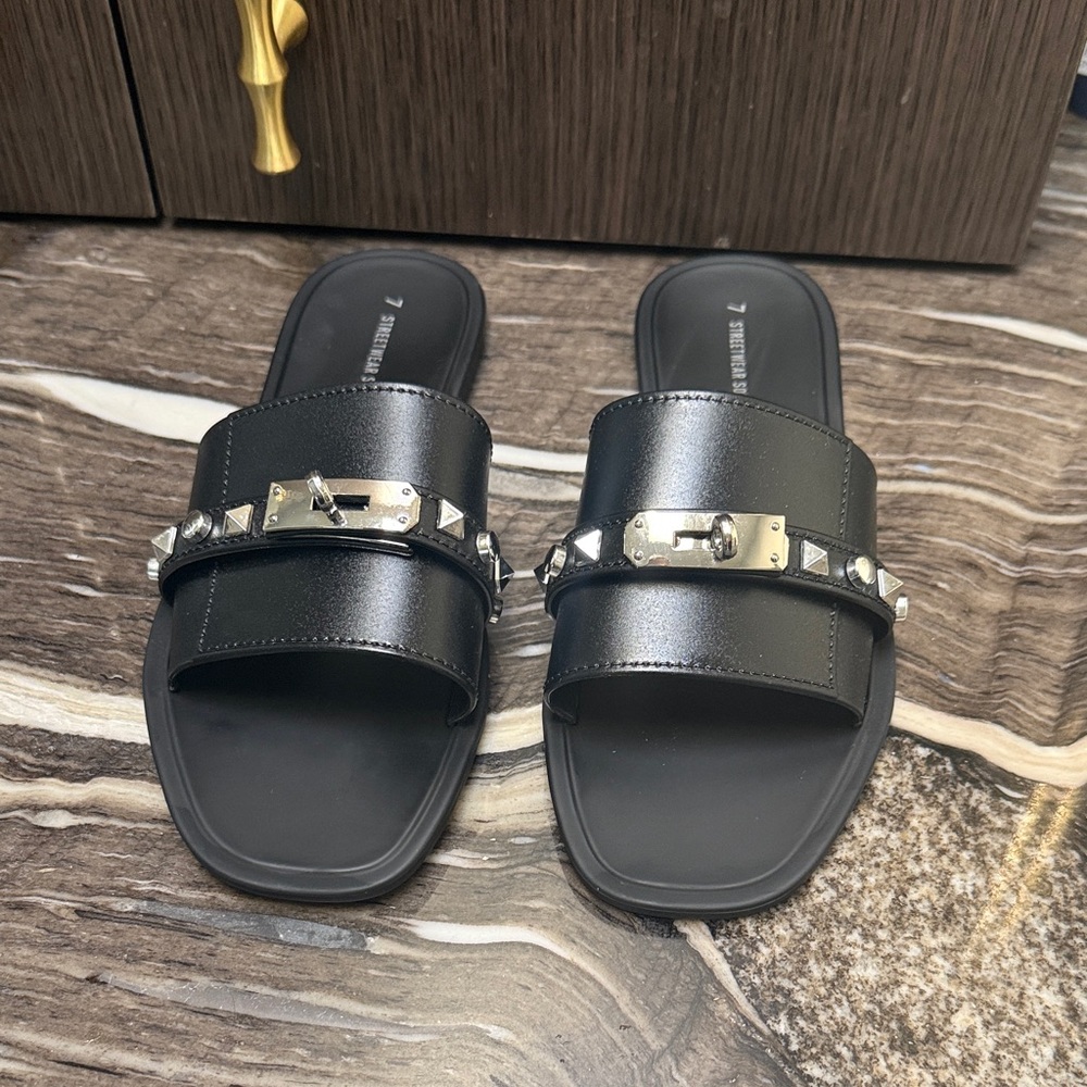 Streetwear Society Black  Rubber Slide Sandals with Silver Accents